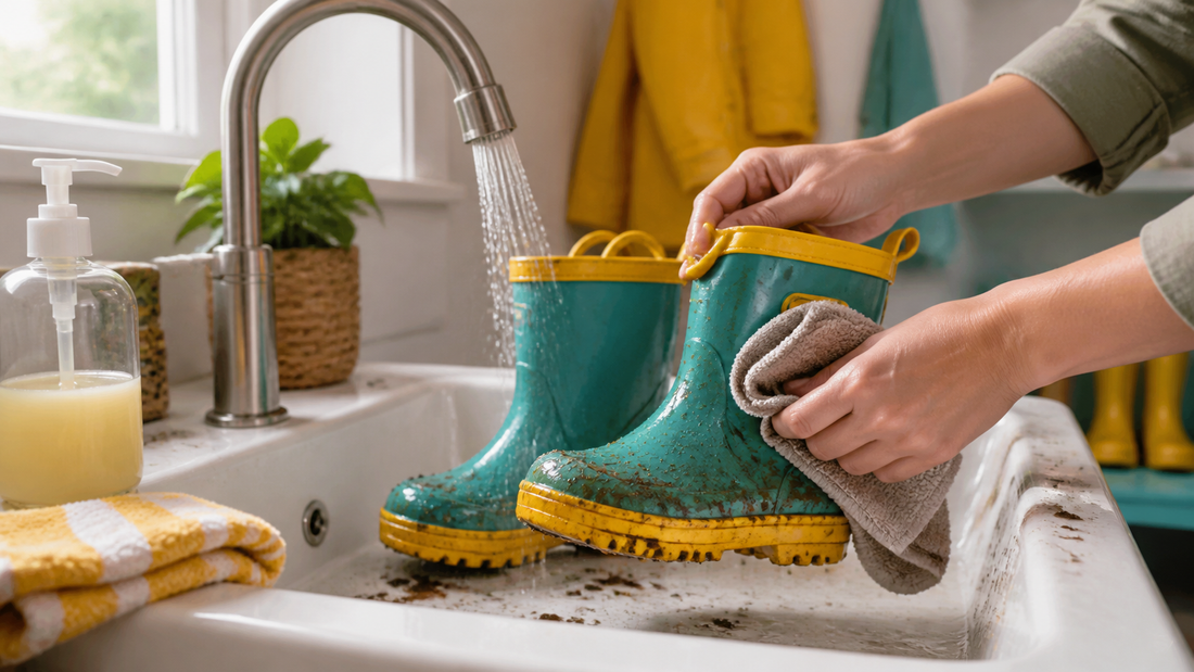 Muddy teal and yellow toddler rain boots being rinsed and wiped at a sink