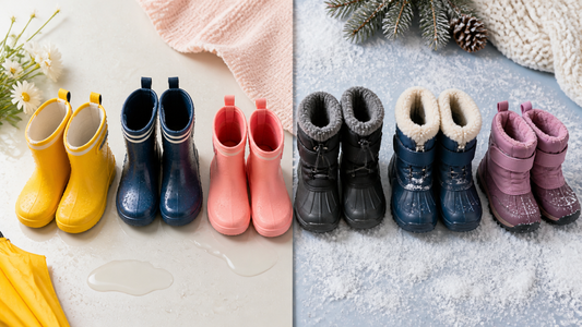 Colorful toddler rain boots beside insulated snow boots in a split rain-and-snow scene