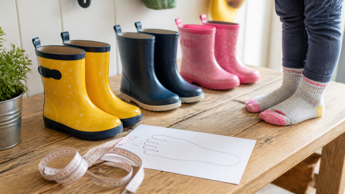 Colorful toddler rain boots beside a paper foot outline, measuring tape, and a child’s socked feet