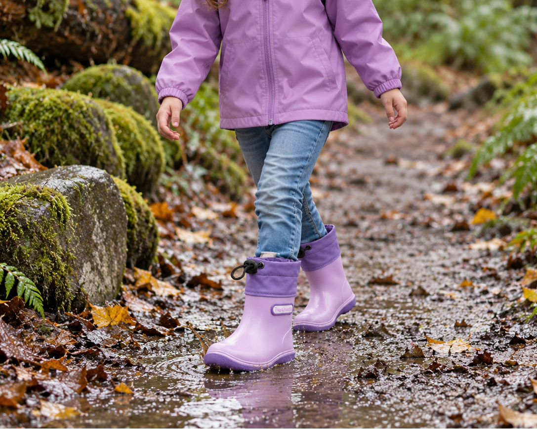 Child splashing in blue adjustable-collar toddler rain boots modeled on the Tree Grandpa catalog style