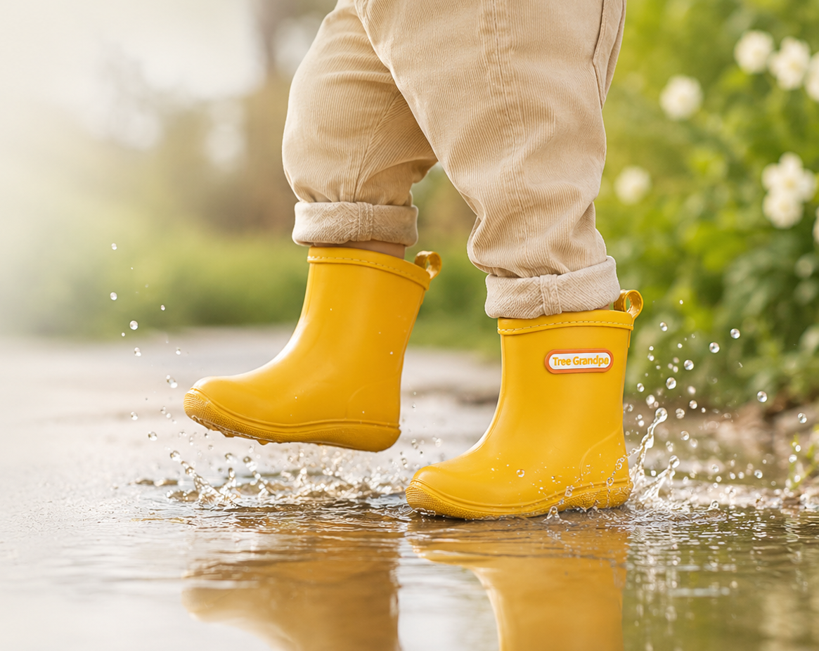 Toddler splashing in a puddle while wearing yellow Tree Grandpa rain boots