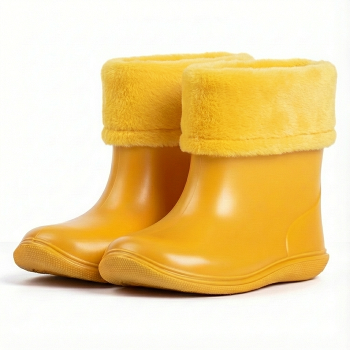 Pair of yellow rubber boots with fleece lining on a white background